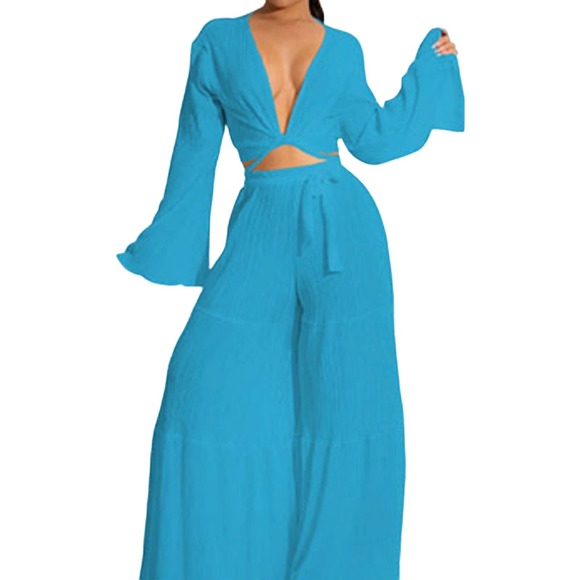 Halfword Two Piece Outfits for Women Flare Sleeve Crop Top Wide Leg Pala… - Picture 1 of 3
